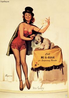 a pin - up girl with a dog on a table