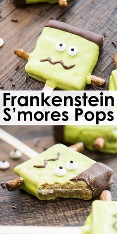 some kind of green dessert with chocolate and marshmallows on it that says frankensten s'mores pops