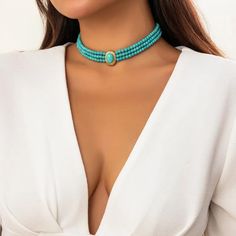 French Style Turquoise Choker. 3 Rows Of Beaded Turquoise, Set Off With An Inlaid Turquoise Pendant. Gold Color Plated Heart Jewelry, Crystal Necklace, Cz Necklace, Boho Jewelry, Minimalist Jewelry, Water Resistant, Everyday Wear,#Ringsdaily #Sterlingsilverheart #Sterlingsilverinitial #Accessories #Jewels #Armcandy #Dressedup #Crossnecklace #Gold #Silver #Platinum #Necklace #Lookbook #Madeinusa #Greenonyx #Vermeil #Copper #Emerald #Amethyst #Pearls #Swarovski #Wristparty #Ontrend #Wirewrapped #W Platinum Necklace, Summer Elegance, Festival Chic, Turquoise Choker, Turquoise Accents, Sterling Silver Initial, Jewelry Minimalist, Cz Necklace, Jewelry Crystal