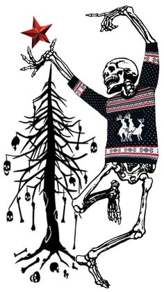 a skeleton holding up a star next to a christmas tree with deers on it