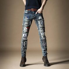 Men's Autumn Embroidered Tide Jeans Formal Jeans, Trendy Patches, Distressed Pants, Stretch Denim Pants, Jeans Collection, Stylish Pants, Ankle Length Pants, Classic Fashion, Slim Fit Pants