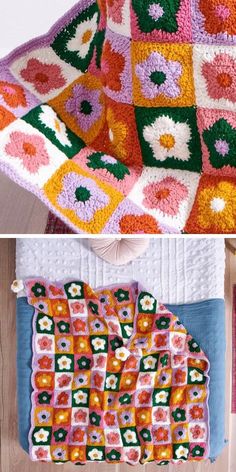 crocheted granny granny blanket with flowers on it, and another photo of an afghan