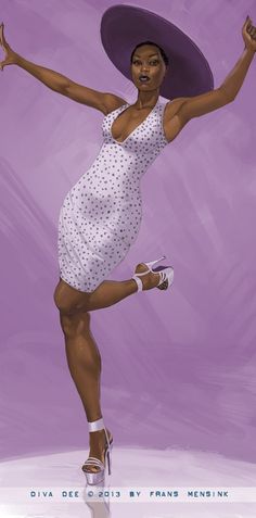 a painting of a woman in a white dress and purple hat with her arms outstretched