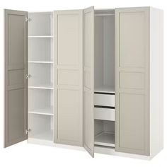 an open closet with two doors and shelves on each side, in front of a white background