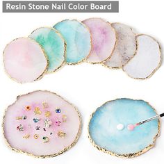 Description: Made of resin material, imitate Natural agate gemstones, with golden edge covering, round shape and elegant vibrant color, looked vivid like real agate ,but more wear –resistant and broken resistant. Each piece of this irregular free shape, almost circle or oval, is handcrafted with care making it unique and extraordinarily. Can be used for nail art color mixing Palette, and other color mixing plate, such as salon hair dressing, art painting, cosmetic make up area etc. Also great for jewelry display pad, art crafts and home decoration, hanging ornament, table decoration, drink coasters, cup mat etc Specification: Item: Nail Art Agate Palette Color: White, Pink, Blue, Purple,Green,Grey Weight: 65g Size: About 10*9*1cm / 3.9*3.5*0.4in Usage: It can be used as a palette or a prop Palette Display, Nail Art Paint, Marble Nail Art, Manicure Diy, Free Shapes, Pedicure Nail Art, Phnom Penh, Manicure Tools, Diy Manicure