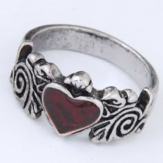 Size 7 Silver Alloy Vampire Jewelry Ring, Metal Heart Ring As Gift, Heart-shaped Metal Ring Gift, Metal Heart Ring For Valentine's Day, Silver Heart Shaped Metal Ring, Heart-shaped Metal Rings For Valentine's Day, Heart Shaped Metal Rings For Valentine's Day, Valentine's Day Metal Heart Ring Gift, Red Adjustable Heart Ring For Valentine's Day