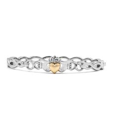 This beautiful Claddagh Celtic Braid Bangle set uniquely intertwines sterling silver and 10K gold to depict deep-rooted Irish symbolism. With the heart, crown, and hands of the Claddagh embodying love, loyalty, and friendship, this iconic symbol is elegantly interwoven with a Celtic knot braid joining two silver strands as one. Engraved in the crown is a subtle Trinity “love” knot, adding a deeper meaning of enduring and eternal connection.A meaningful and romantic matching set to give, receive or wear. The bangle measures 7.5 inches around, and approximately 1/2 inch or 8mm at it's widest point. Comfortable to wear with a secure and easy to operate clasp. Ring measures 8mm from tip of crown to base of heart. Celtic weave band is 3mm wide. Irish Bracelets, Irish Jewelry Vintage, Irish Engagement Rings, Irish Claddagh Rings, Irish Calladagh Ring, Claddagh Engagement Ring, Claddagh Bracelet, Mens Claddagh Ring, Celtic Knot Wedding