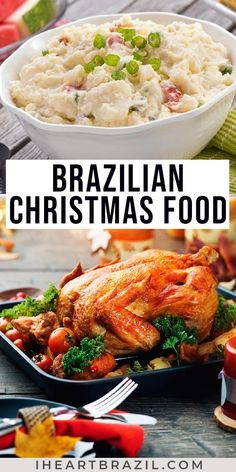 a plate full of food with the words brazilian christmas food on it and an image of chicken, mashed potatoes and broccoli