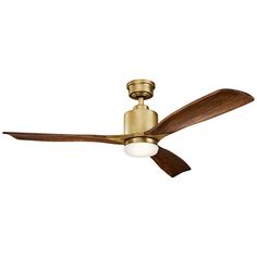 a ceiling fan with two wooden blades and a light on the top one is gold