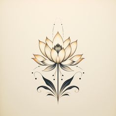 a drawing of a lotus flower on a white background with black and gold details around it