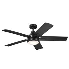 a black ceiling fan with two lights on each side and one light on the other