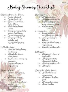 a baby shower checklist with pink flowers and white daisies on the bottom right corner