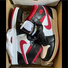 Jordan Ones Youth/Men Size 7 Ladies Size 8.5 Worn Twice Black Lace-up High-top Sneakers With Contrasting Heel, Red High-top Sneakers With Contrasting Heel, Red High-top Sneakers With Contrasting Heel Counter, Jordan Ones, Jordan Red, Jordan 1s, Newest Jordans, Jordans For Men, Shoes Brand