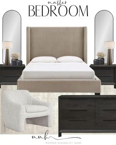 a bedroom with white bedding and gray furniture, including a chair, mirror, nightstand,