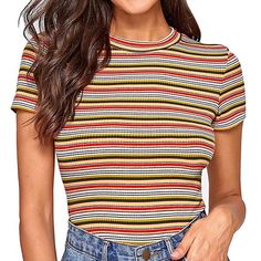 Milumia Women's Casual Multi Striped Ribbed Short Sleeve Solid Tee Knit Top Fits More Like A Crop Top. 70s Style, Very Comfortable Has Tag, Just Unattached. Retro Ribbed Striped Tops, Retro Striped Ribbed Tops, Striped Ribbed Short Sleeve Tops, Fitted Striped Ribbed T-shirt, Trendy Multicolor Short Sleeve Knit Top, Trendy Striped Crew Neck Knit Top, Vintage Ribbed Crew Neck Tops, Striped Knit Tops With Short Sleeves, Striped Stretch Knit Top With Crew Neck