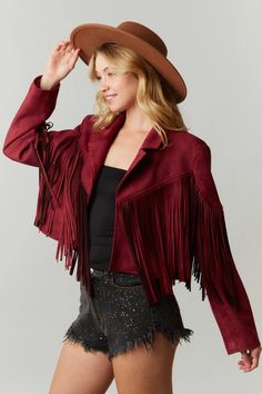 Introducing the Miranda Suede Fringe Jacket, the epitome of boho-chic style and sophistication. Crafted from luxurious suede, this jacket features cascading fringe detailing that adds a touch of playful elegance to any outfit. Available in two stunning colors - Burgundy for a bold statement or Olive for a more earthy vibe. With sizes ranging from Small to Large, the Miranda jacket ensures a perfect fit for every fashionista. Elevate your wardrobe with the timeless allure of the Miranda Suede Fri Western Style Clothing, Festival Jacket, Western Style Outfits, Tube Skirt, Suede Fringe Jacket, Fringe Jacket, Suede Fringe, Leather Fringe, Suede Jacket