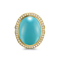 The Albion® Collection’s unique cushion-cut center stone was David Yurman’s innovative solution to use an oversize gemstone in a refined modern setting with classical proportions. 18-karat Yellow Gold • Turquoise, 13.27 total carat weight • Pavé-set diamonds, 0.44 total carat weight • Ring, 25.6mm • Stone, 21mm • Size 7 Oval Ring, Oval Rings, Anniversary Bands, David Yurman, Cushion Cut, Ring Bracelet, Gemstone Colors, Wedding Bands, Jewelry Gifts