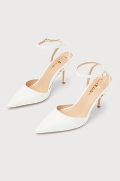 You're sure to be the classiest babe in the room when you have the Lulus Azalian White Pointed-Toe Ankle Strap Heels! Smooth faux leather shapes these must-have heels that feature a pointed-toe upper with a low-cut and a slender adjustable ankle strap that secures with a gold buckle. A classic stiletto heel completes the sophisticated look! 3. 5" wrapped stiletto heel. Cushioned insole. Rubber sole has nonskid markings. All Man Made Materials. Imported. Lulus | Azalian White Pointed-Toe Ankle St Chic Court Shoes With Ankle Strap And Heel Loop, Lulu Fashion, White Heels, In The Room, Ankle Strap Heels, The Room, Strap Heels, Stiletto Heel, Low Cut