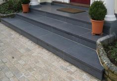 two potted plants sit on the front steps