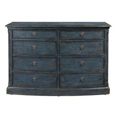 an old blue dresser with many drawers and knobs on the bottom drawer, against a white background