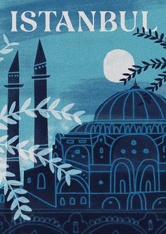 an illustration of a blue mosque with the moon in the background