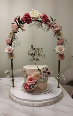 a birthday cake decorated with flowers on a table