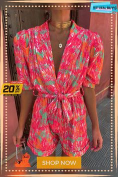 Women's Summer Deep V-neck Puff Sleeve Short-sleeved Printed Belt Elastic Waist Jumpsuit Fitted Puff Sleeve Jumpsuits And Rompers For Summer, Pink Printed V-neck Jumpsuits And Rompers, Pink Printed V-neck Jumpsuit Or Romper, Summer Puff Sleeve Jumpsuits And Rompers For Brunch, Long Sleeve Playsuit, Designer Jumpsuits, Online Clothing Stores, Model Photos, Deep V Neck