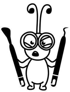 a black and white drawing of a bug with glasses on it's head, holding two pencils