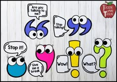 some stickers that are on the side of a wooden wall with different faces and speech bubbles