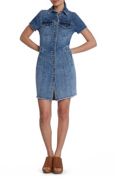 This casual-cool jean dress is designed with abbreviated sleeves and a feathery frayed hem. 35 1/2" front length; 36 1/2" back length Front button closure Spread collar Short sleeves 96% cotton, 3% polyester, 1% spandex Machine wash, tumble dry Imported Dark Wash Denim Dress With Frayed Hem For Fall, Denim Blue Dress With Frayed Hem, Washed Blue Denim Dress With Frayed Hem, Chic Denim Dress With Frayed Hem In Medium Wash, Chic Dark Wash Denim Dress With Frayed Hem, Fall Denim Dresses With Frayed Hem, Trendy Light Wash Denim Dress With Frayed Hem, Blue Short Sleeve Denim Dress With Frayed Hem, Blue Denim Dress With Frayed Hem And Short Sleeves