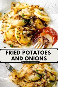 fried potatoes and onions on a plate with a fork