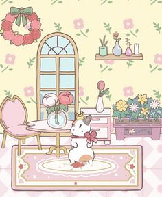 an animal is standing in front of a table with flowers and vases on it