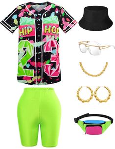 PRICES MAY VARY. 【Complete for 80s 90s themed parties outfit】Our women 90s rapper costume includes: 1X baseball jersey shirt,1X yoga pants, 1X bucket hat, 1X artificial gold rope chain, 1X hip hop glasses, 1X pair of hoop earrings 1X fanny pack. Complete accessories to meet your various dressing needs for 80s and 90s party themes and let you stand out from the crowd. 【Comfortable High Qaulity Material】- Our 80s 90s hip hop costume for women are made from skin-friendly, long-lasting fabrics. The Green Hip Hop Top For Summer, Green Hip Hop Tops For Summer, 90s Summer Festival Tops, 90s Hip Hop Fashion Women Old School, 90s Party Themes, 90s Rapper Costume, 90s 2000s Party Outfit, 90s Outfits For Women, 90s Hip Hop Costume