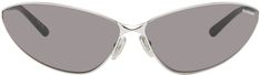 Wraparound metal-frame sunglasses in silver tone. · Gray lenses · Logo etched at lens · Adjustable rubber nose pads · Black acetate temple tips · Includes case · Size: 93.14 110 Supplier color: Silver Silver Cat Eye Sunglasses With Uv Protection, Silver Cat Eye Sunglasses With Metal Frame, Silver Sunglasses With Gradient Lenses For Formal Events, Formal Silver Sunglasses With Tinted Lenses, Silver Tinted Sunglasses For Formal Occasions, Silver Tinted Sunglasses For Formal Events, Silver Cat Eye Sunglasses For Formal Occasions, Modern Silver Cat Eye Sunglasses With Gradient Lenses, Modern Silver Cat Eye Sunglasses With Mirrored Lenses