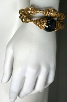 Chanel Filigree Capped Black Bakelite Bracelet Gold Beaded Evening Bracelets, Gold Beaded Bracelets For Evening, Formal Metal Bracelets With Round Beads, Gold Onyx Bracelet For Formal Occasions, Vintage Beaded Bracelet, Chanel Bracelet, Bakelite Bracelets, Flexible Bracelet, Bakelite Bangles