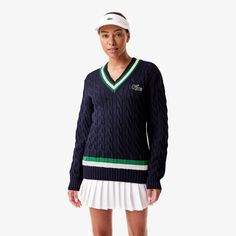 A new take on the essential tennis sweater. Cable knit and colorblock stripes for style, classic cut for comfort. A timeless, versatile piece. Tennis Sweatshirt, Knit Striped Sweater, Lacoste Sweater, Tennis Sweater, Tennis Outfits, Lacoste Women, Hoodies Sweaters, Preppy Fall, Tennis Fashion