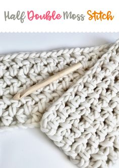 a crocheted dishcloth with a wooden spoon in it and text overlay that reads half double moss stitch