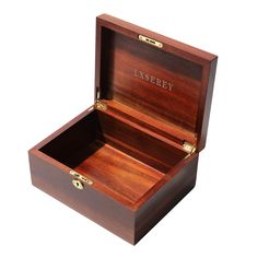 an open wooden box with the name laserey on it's lid and two brass handles