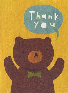 a brown teddy bear with a green bow tie and a thought bubble above it that says thank you