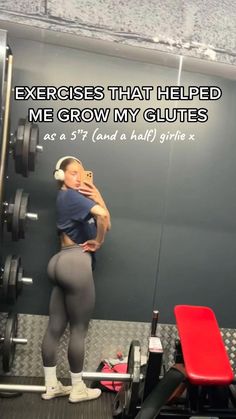 a woman standing in front of a mirror with her arms behind her back and the words exercises that helped me grow my glutes