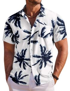 PRICES MAY VARY. Fabric- This men’s short sleeve Hawaiian shirt is made of quality fabric, which is lightweight, breathable, and comfortable to wear. Design - The mens beach shirt features, short sleeve, spread collar, chest pocket and button closure. Using loud colours and bold patterns make our printed shirts the perfect outfits for summer festivals. Outfits - Mens Hawaiian shirts are great with shorts, chinos and jeans, for a relaxed casual and trendy getup. Or wearing open and layering crew Mens Beach Shirts, Mens Beach, Floral Long Sleeve Shirt, Tropical Holiday, Summer Festivals, Tropical Shirts, Bold Patterns, Holiday Beach, Beach Shirt