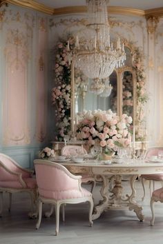 a fancy dining room with pink chairs and flowers on the table in front of a chandelier