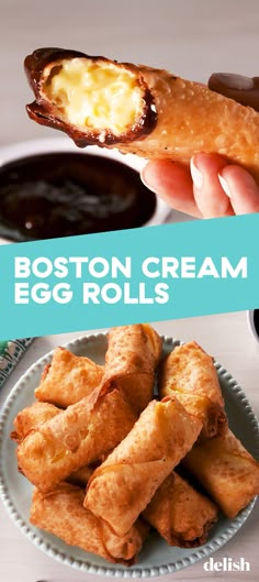 boston cream egg rolls on a plate with dipping sauces in the background and text overlay reading boston cream egg rolls