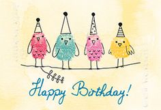 three birds wearing party hats on a string with the words happy birthday written below them