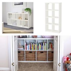 there are pictures of different rooms with bookshelves and baskets on the shelves in front of them