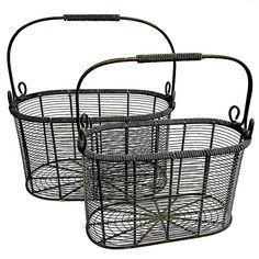 two black wire baskets with handles on each side, one is empty and the other has an oval handle