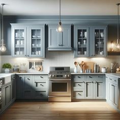 an image of a kitchen setting with blue cabinets