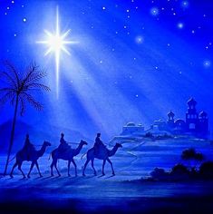 three wise men riding camels in the desert at night with shining star above them