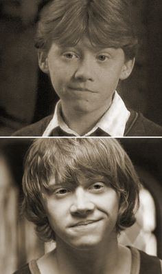 two pictures of the same person with different facial expressions on their faces, one in black and white