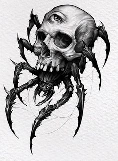 a drawing of a skull and spider with fangs on it's head, in black ink